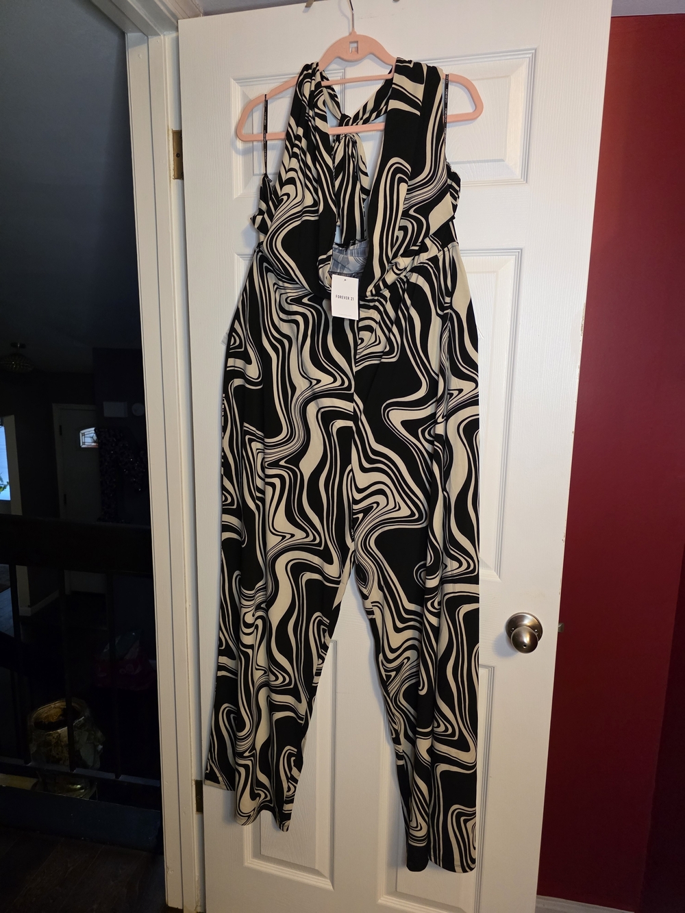 Forever 21 Black & Cream Swirl Halter Jumpsuit